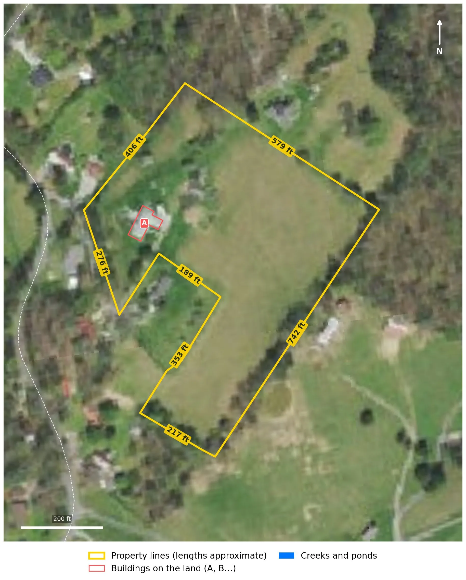 Aerial photo with the property lines and their lengths